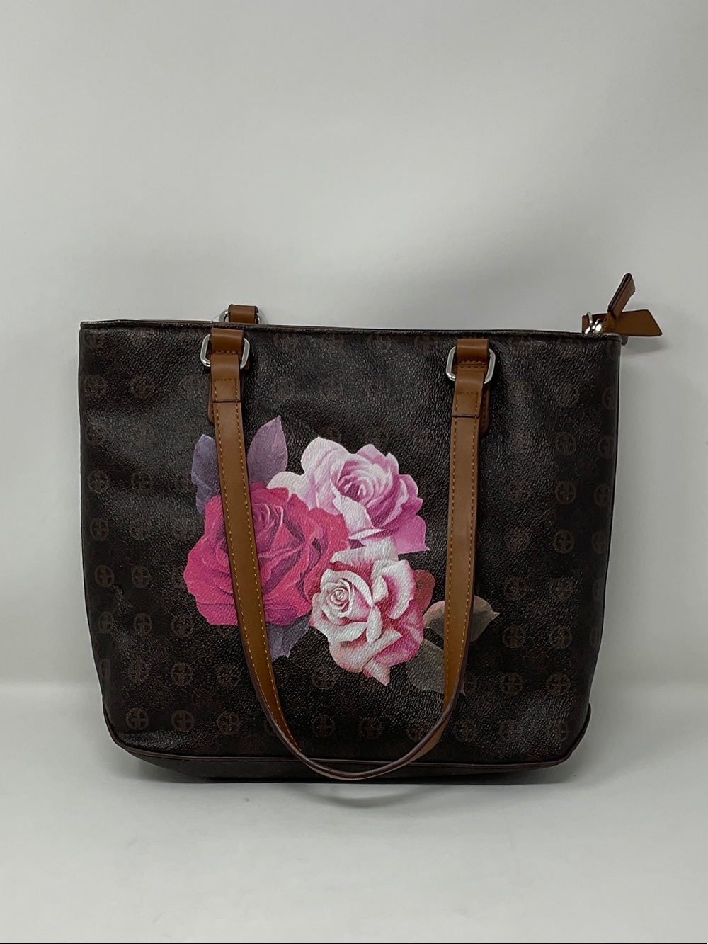 Giani Bernini Dark Brown Shoulder Tote with Pink Rose Motif